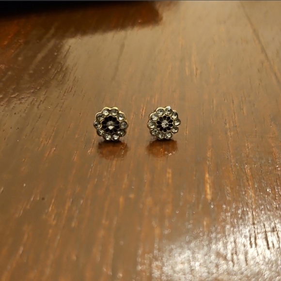 Gold Tone & Crystal Flower Stud Earrings - Picture 2 of 2